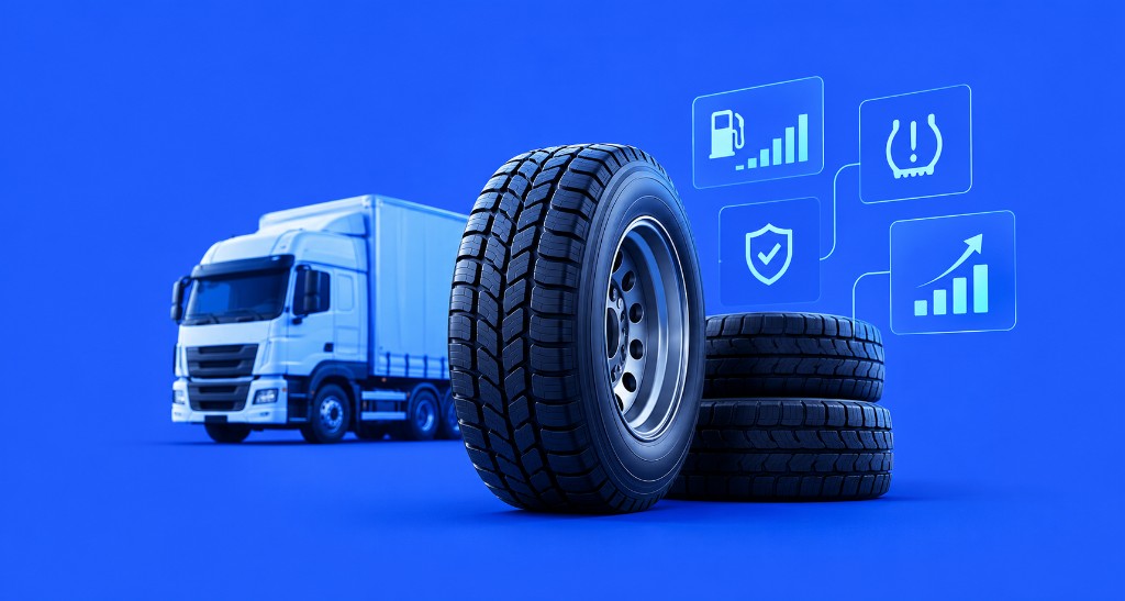 Gestion de flotte et pneumatiques : camion et pneus sur fond bleu