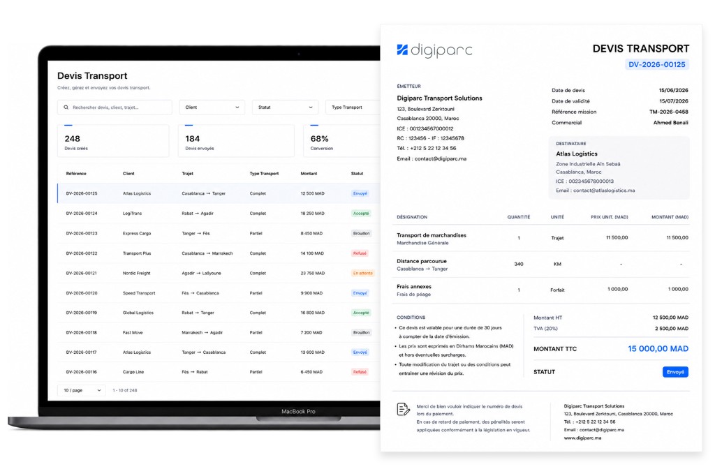 Édition de devis transport BTP sur Digiparc