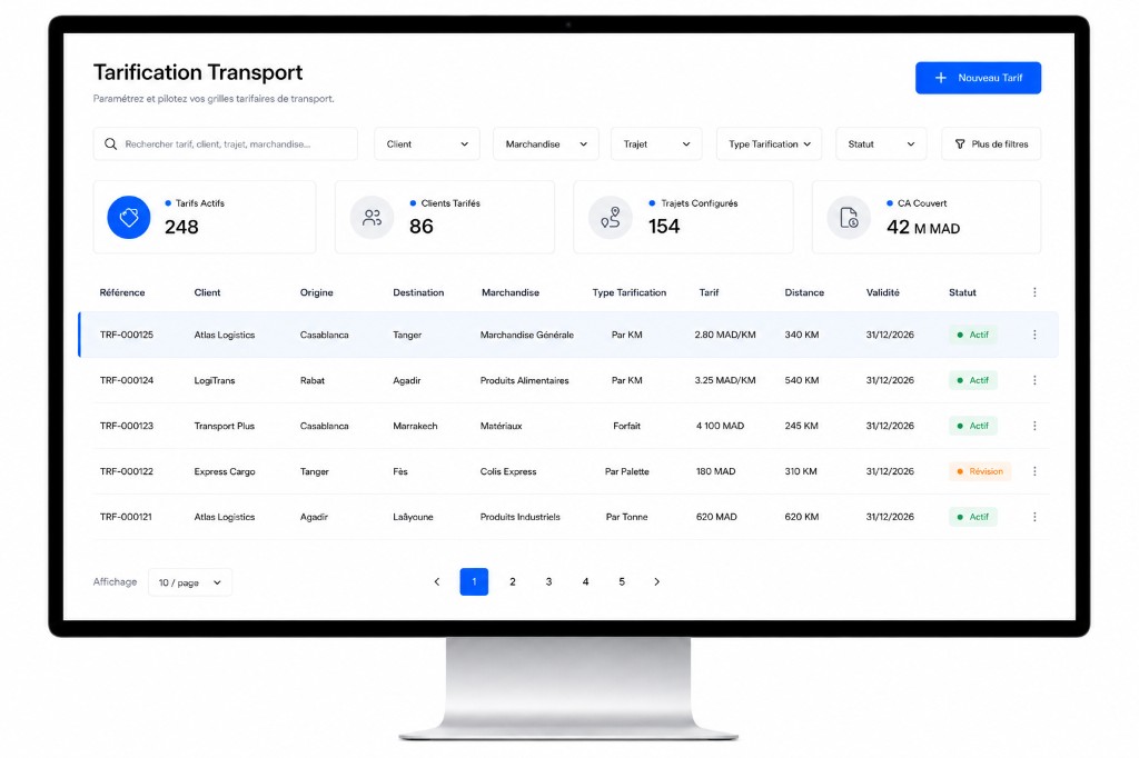 Paramétrage des tarifs transport BTP par saison, véhicule et client sur Digiparc